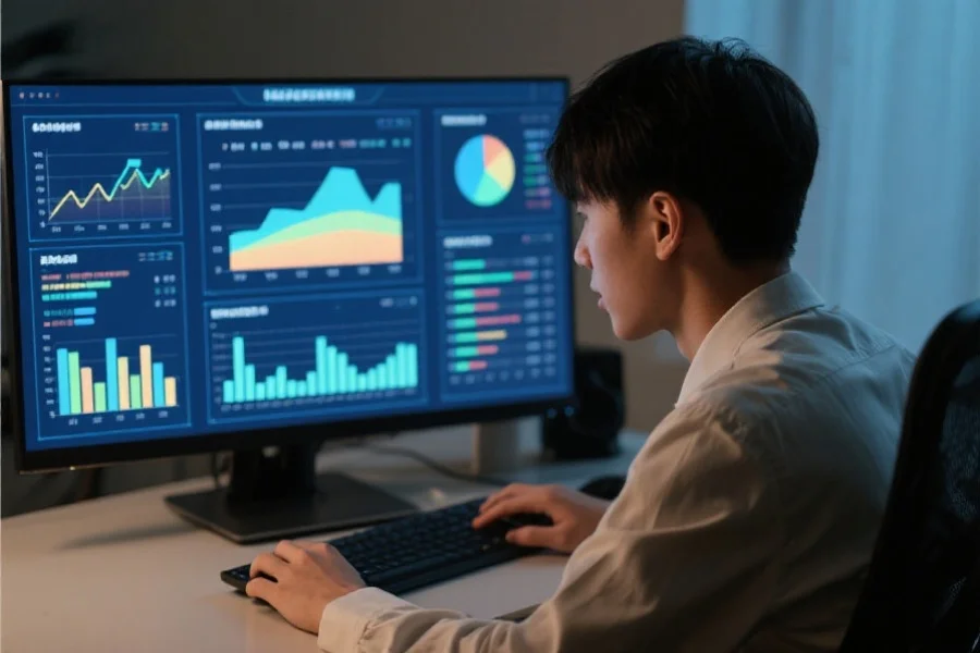 一位专注分析数据的年轻人坐在电脑前，屏幕上显示着多种数据可视化图表